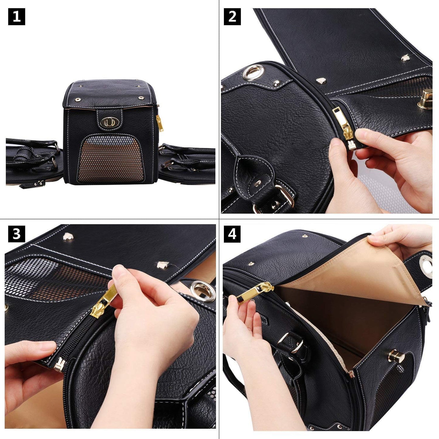 Dog Carrier Purse, Pet Carrier, Foldable Waterproof Premium PU Leather Pet Travel Portable Bag Carrier for Cat and Small Dog Home & Outdoor Small Black