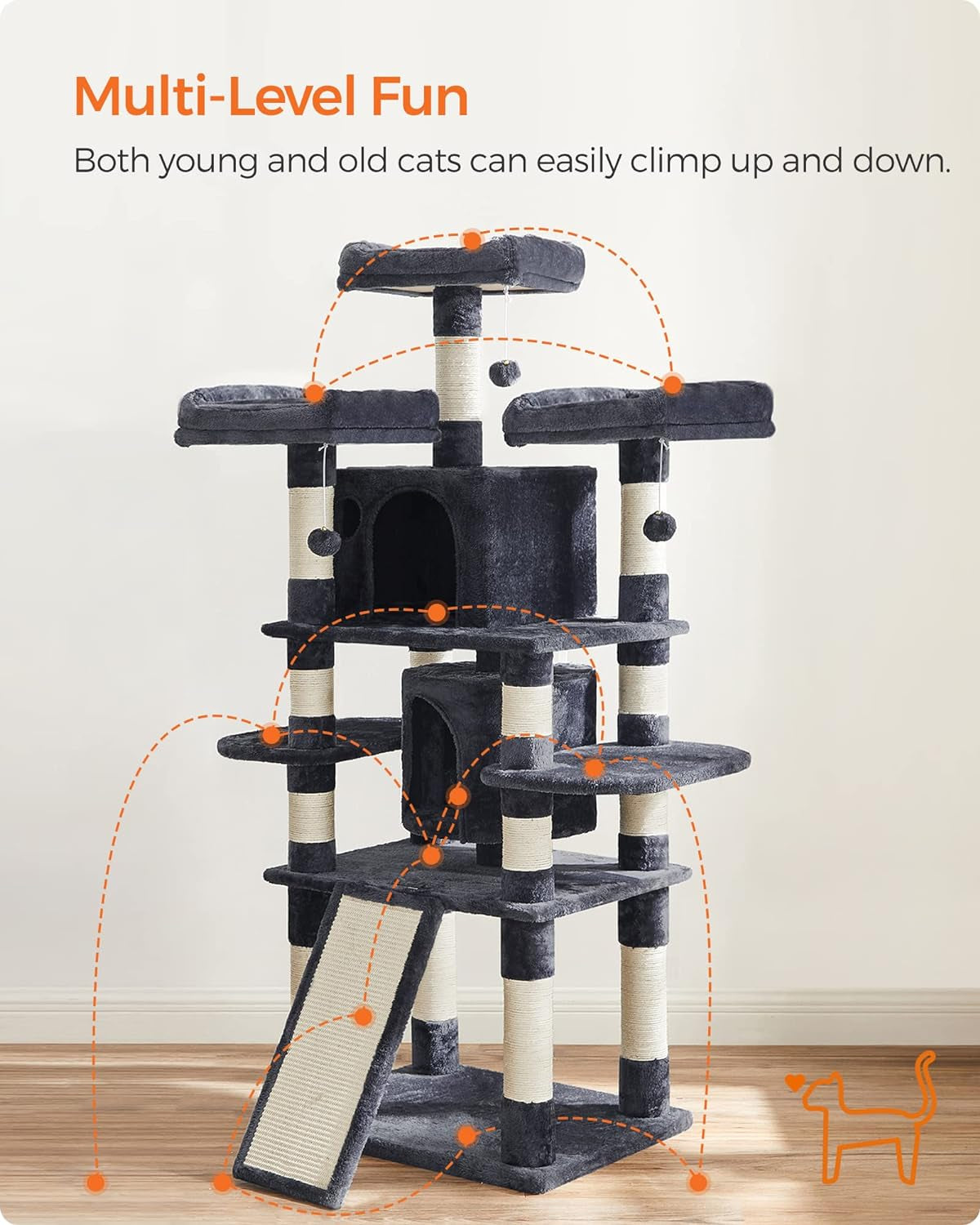 Deluxe 67-Inch Multi-Level Cat Tree for Large Cats - Cozy Perches & Fun Features in Smoky Gray
