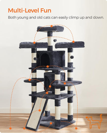 Deluxe 67-Inch Multi-Level Cat Tree for Large Cats - Cozy Perches & Fun Features in Smoky Gray