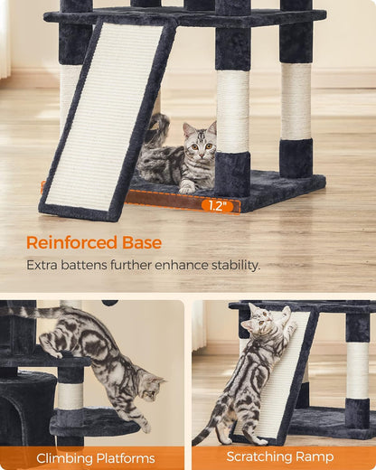 Deluxe 67-Inch Multi-Level Cat Tree for Large Cats - Cozy Perches & Fun Features in Smoky Gray