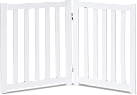 2-Panel Wooden Free Standing Foldable Dog Gate Indoor – Solid Hardwood 24" High, Step-Over Safety Pet Gate for Doorways, Stairs & Small Spaces - Indoor Use, White