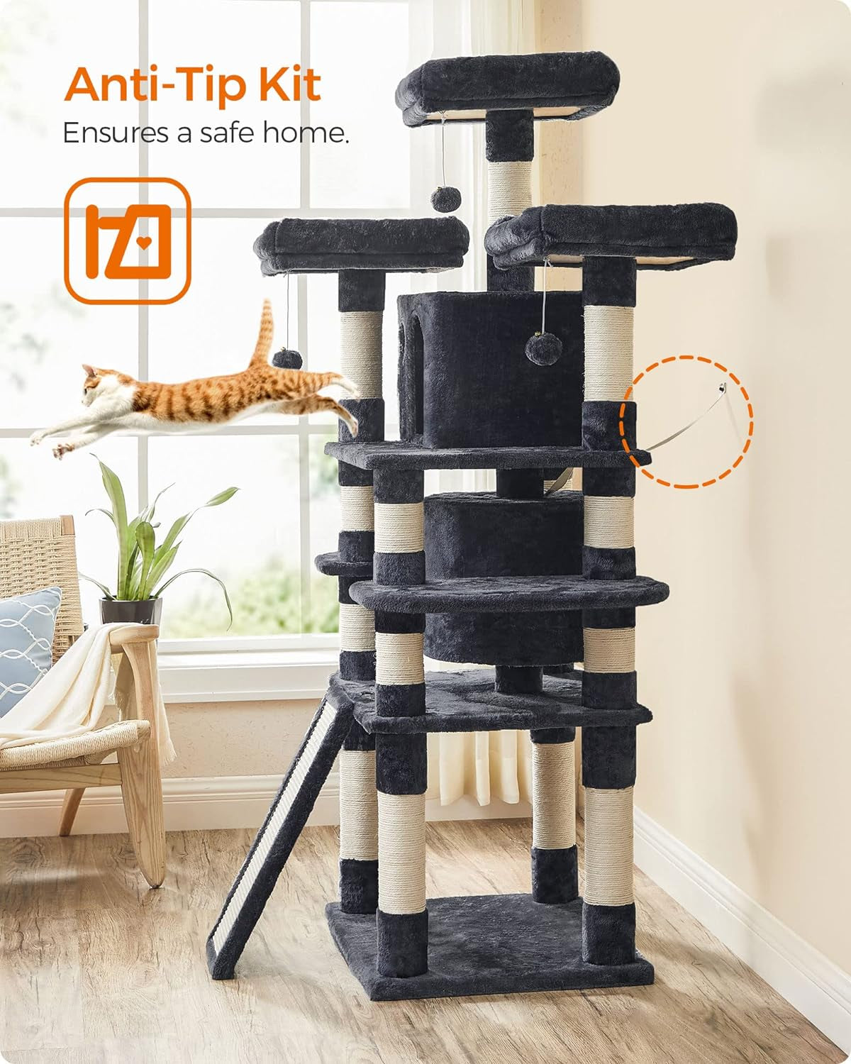 Deluxe 67-Inch Multi-Level Cat Tree for Large Cats - Cozy Perches & Fun Features in Smoky Gray