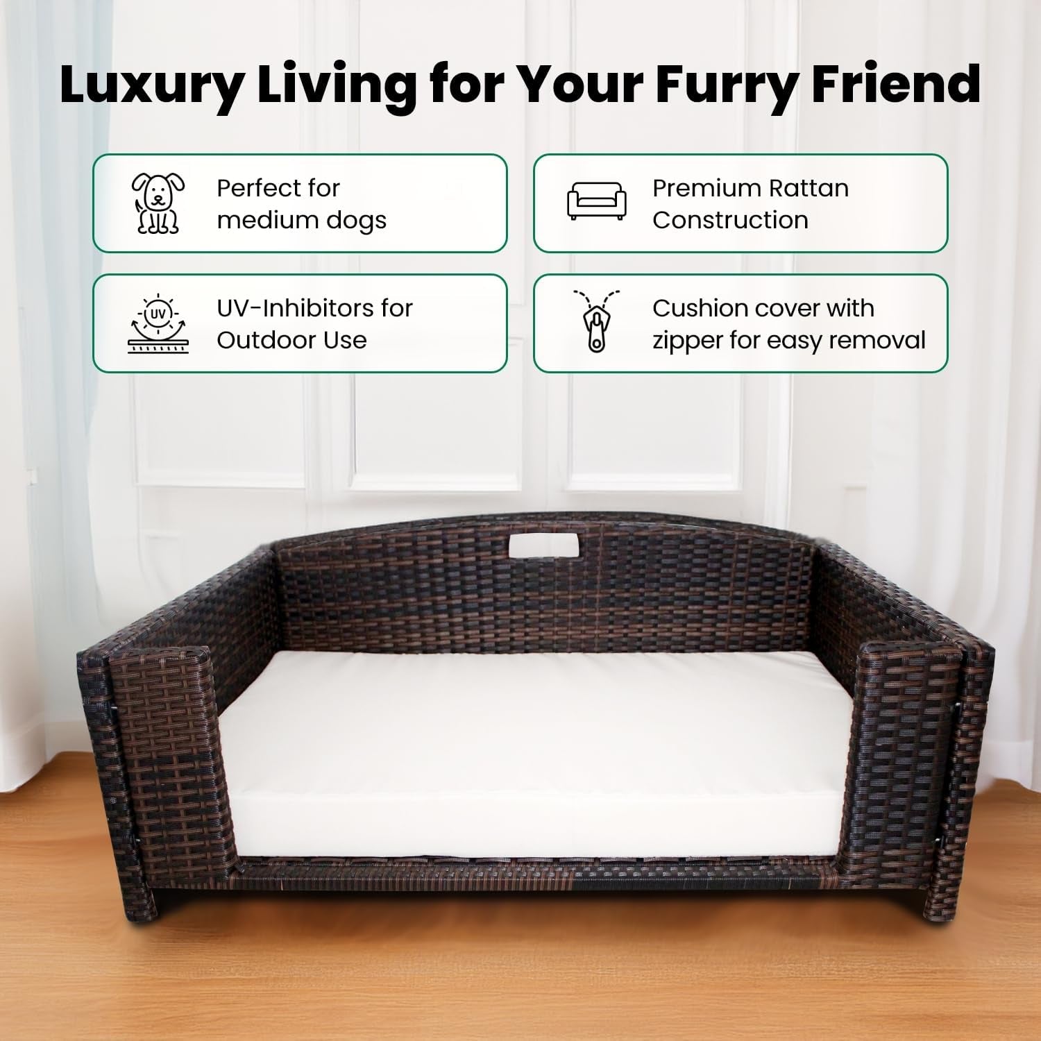 Rectangular Rattan/Wicker Pet Bed, Metal Frame Indoor/Outdoor Furniture Pet Sofa/Couch for Dogs & Cats, Woven Rattan Dog Bed Water Resistant, Machine Washable Cushion Cover-Medium