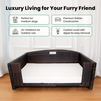Rectangular Rattan/Wicker Pet Bed, Metal Frame Indoor/Outdoor Furniture Pet Sofa/Couch for Dogs & Cats, Woven Rattan Dog Bed Water Resistant, Machine Washable Cushion Cover-Medium
