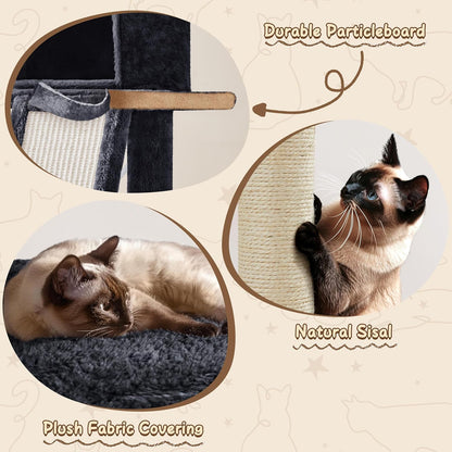 63.5In Multi-Level Cat Tree Tower Condo with Scratching Posts, Platform & Hammock, Cat Activity Center Play Furniture for Kittens, Cats & Pets