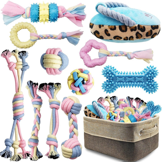 Puppy Chew Toys for Teething Puppy Teeth Cleaning, Interactive Tug Toys & Storage Basket