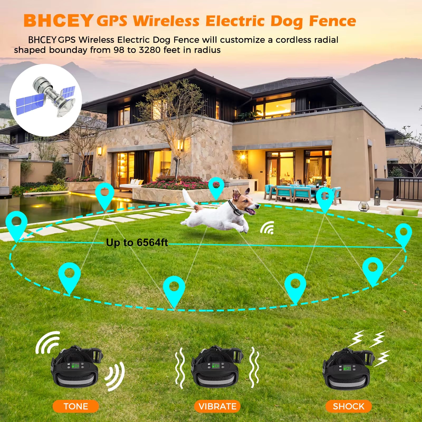 GPS Wireless Dog Fence, Electric Dog Fence Pet Containment System, Large Signal Range up to 6560Ft,