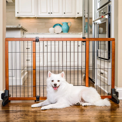 , 41" - 70"L X 28"H Adjustable Freestanding Pet Gate, Premium Wood, Brown