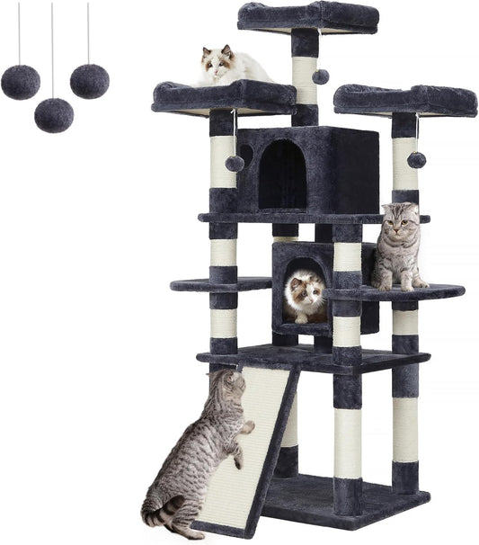 Deluxe 67-Inch Multi-Level Cat Tree for Large Cats - Cozy Perches & Fun Features in Smoky Gray