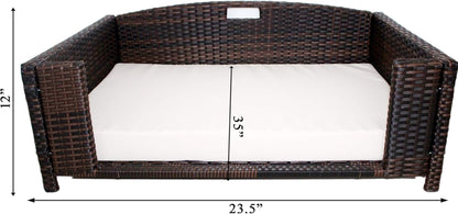 Rectangular Rattan/Wicker Pet Bed, Metal Frame Indoor/Outdoor Furniture Pet Sofa/Couch for Dogs & Cats, Woven Rattan Dog Bed Water Resistant, Machine Washable Cushion Cover-Medium