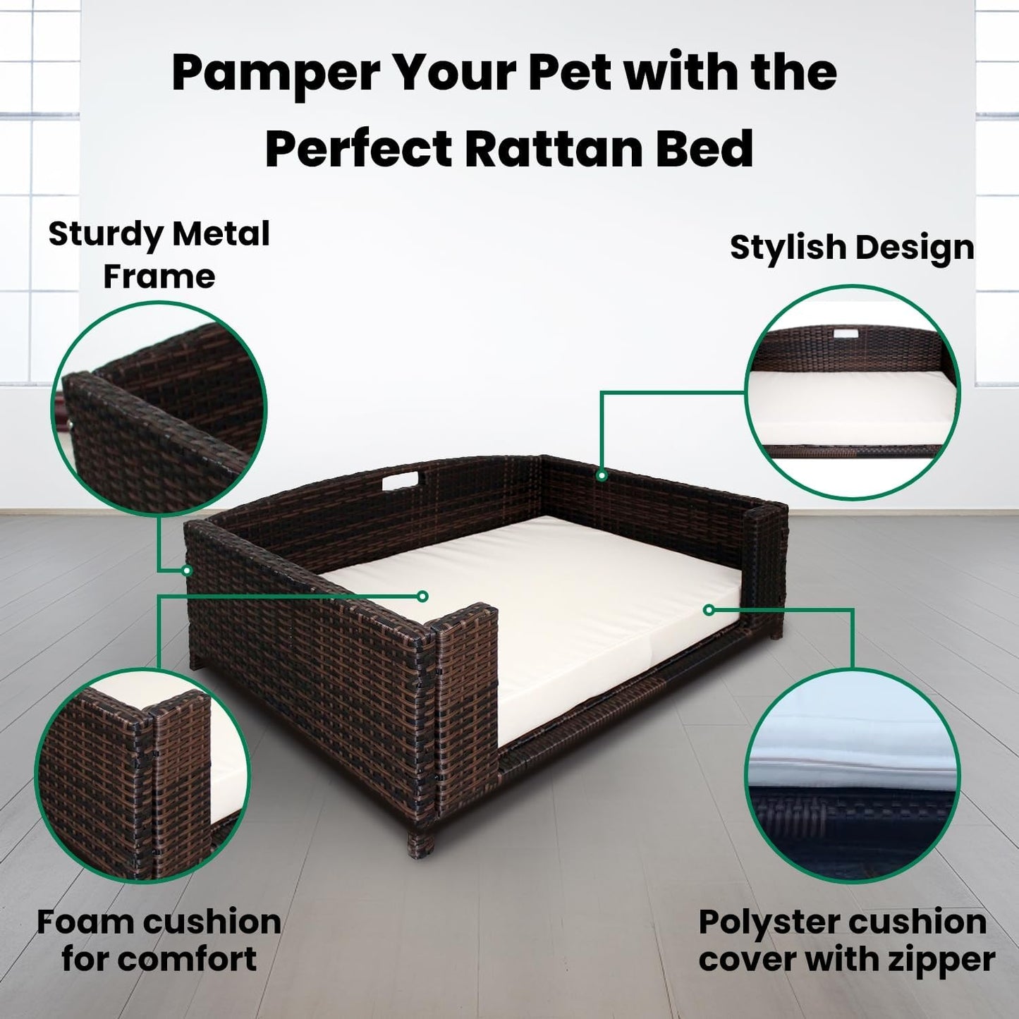 Rectangular Rattan/Wicker Pet Bed, Metal Frame Indoor/Outdoor Furniture Pet Sofa/Couch for Dogs & Cats, Woven Rattan Dog Bed Water Resistant, Machine Washable Cushion Cover-Medium