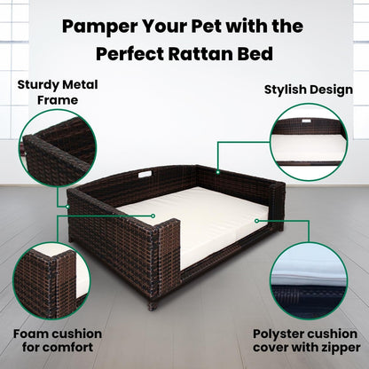 Rectangular Rattan/Wicker Pet Bed, Metal Frame Indoor/Outdoor Furniture Pet Sofa/Couch for Dogs & Cats, Woven Rattan Dog Bed Water Resistant, Machine Washable Cushion Cover-Medium