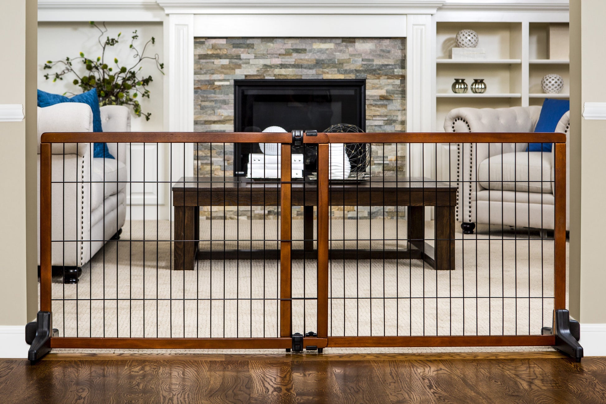 , 41" - 70"L X 28"H Adjustable Freestanding Pet Gate, Premium Wood, Brown