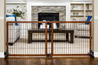 , 41" - 70"L X 28"H Adjustable Freestanding Pet Gate, Premium Wood, Brown