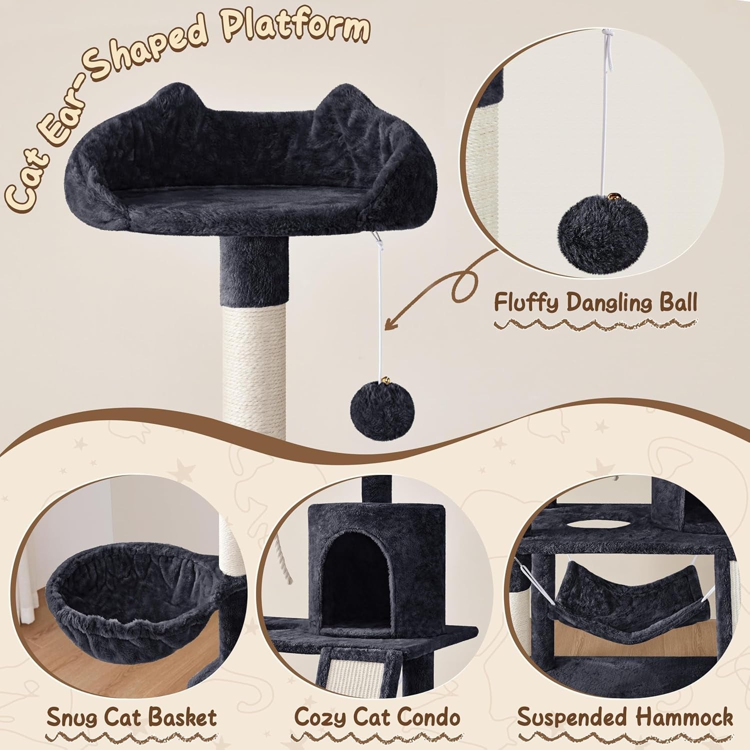 63.5In Multi-Level Cat Tree Tower Condo with Scratching Posts, Platform & Hammock, Cat Activity Center Play Furniture for Kittens, Cats & Pets