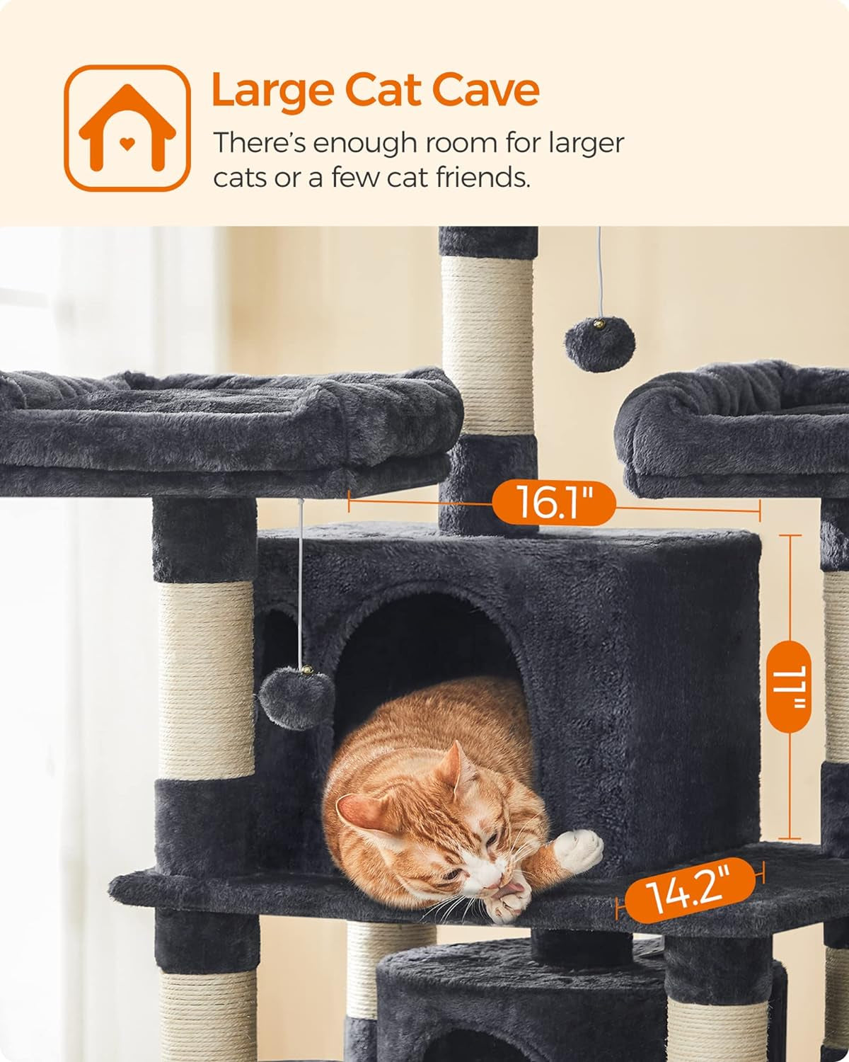 Deluxe 67-Inch Multi-Level Cat Tree for Large Cats - Cozy Perches & Fun Features in Smoky Gray