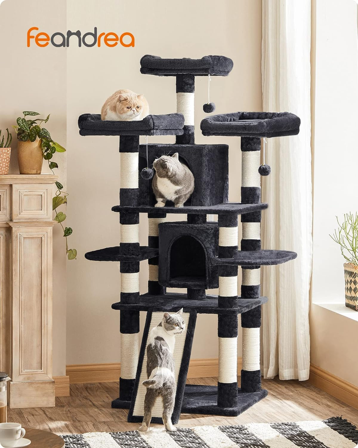 Deluxe 67-Inch Multi-Level Cat Tree for Large Cats - Cozy Perches & Fun Features in Smoky Gray