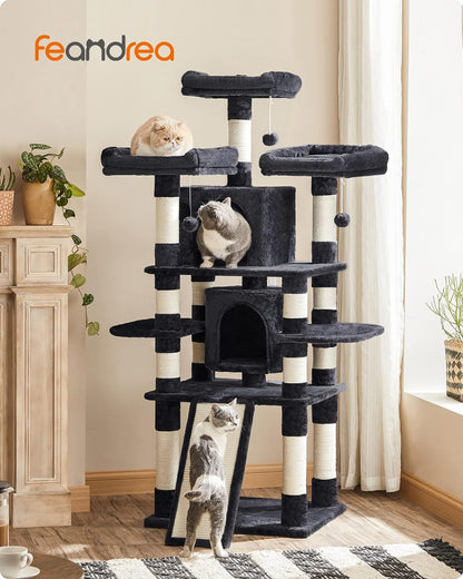 Deluxe 67-Inch Multi-Level Cat Tree for Large Cats - Cozy Perches & Fun Features in Smoky Gray