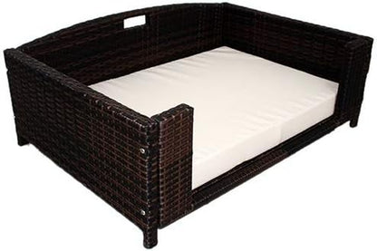 Rectangular Rattan/Wicker Pet Bed, Metal Frame Indoor/Outdoor Furniture Pet Sofa/Couch for Dogs & Cats, Woven Rattan Dog Bed Water Resistant, Machine Washable Cushion Cover-Medium