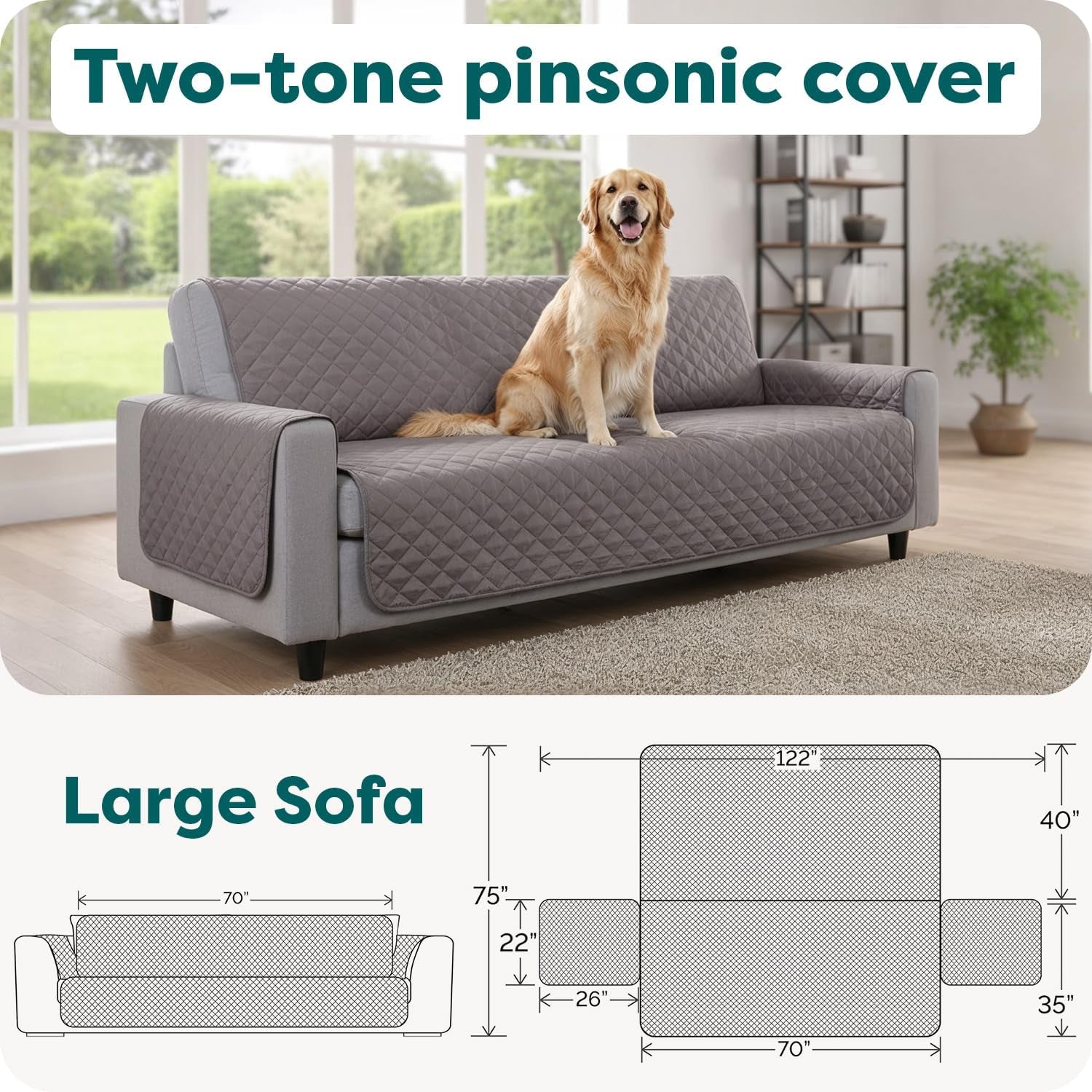 Water-Resistant Sofa Cover for Dogs & Cats, Reversible Couch Protector with Secure Straps and Pinsonic Quilted Fabric, Machine Washable Couch Cover, Large Sofa, Gray Mist