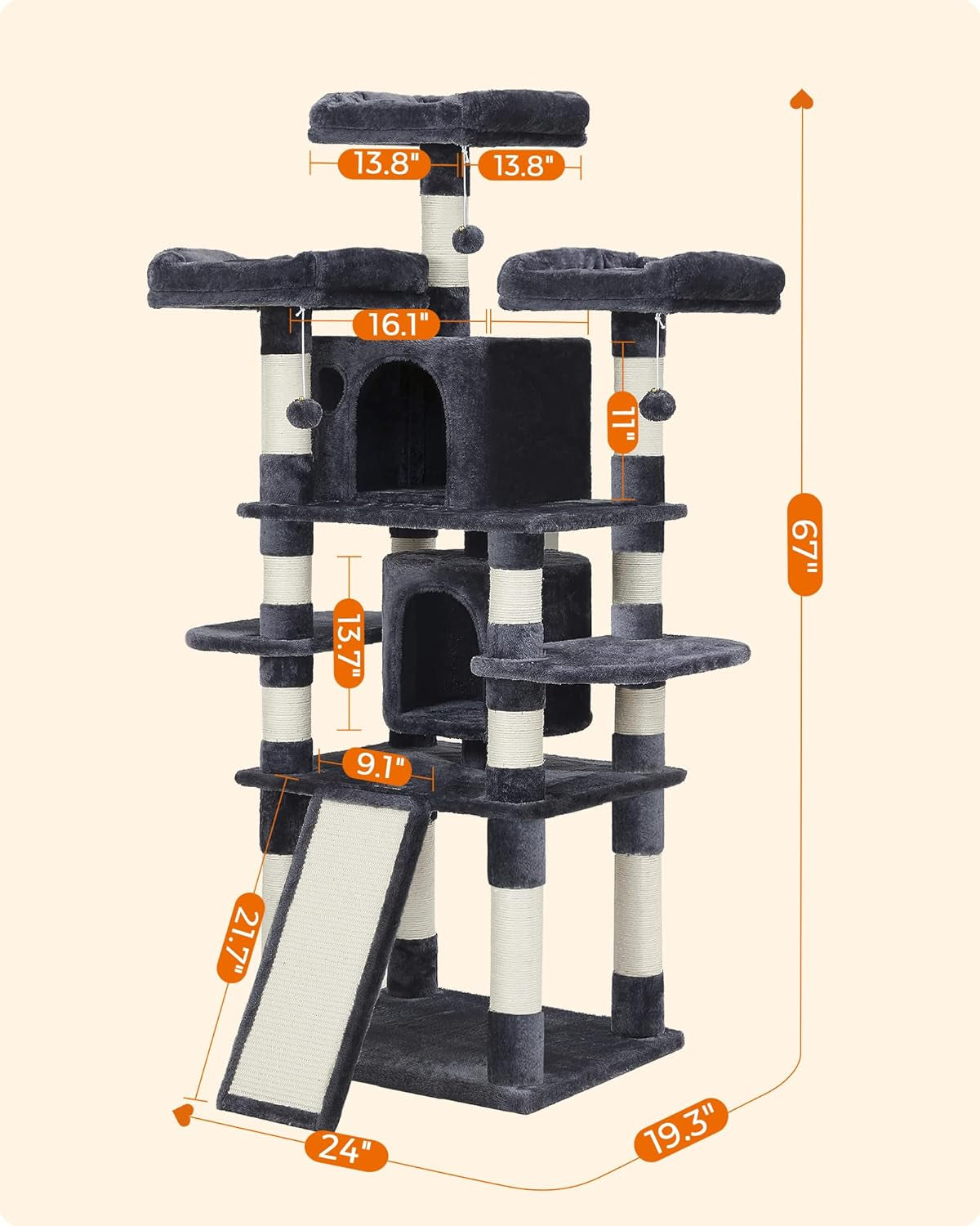Deluxe 67-Inch Multi-Level Cat Tree for Large Cats - Cozy Perches & Fun Features in Smoky Gray
