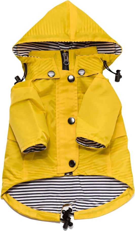 Stylish Yellow Dog Raincoat with Reflective Buttons, Adjustable Drawstring, and Removable Hood - Weather Resistant & Functional for All Breeds (Medium)