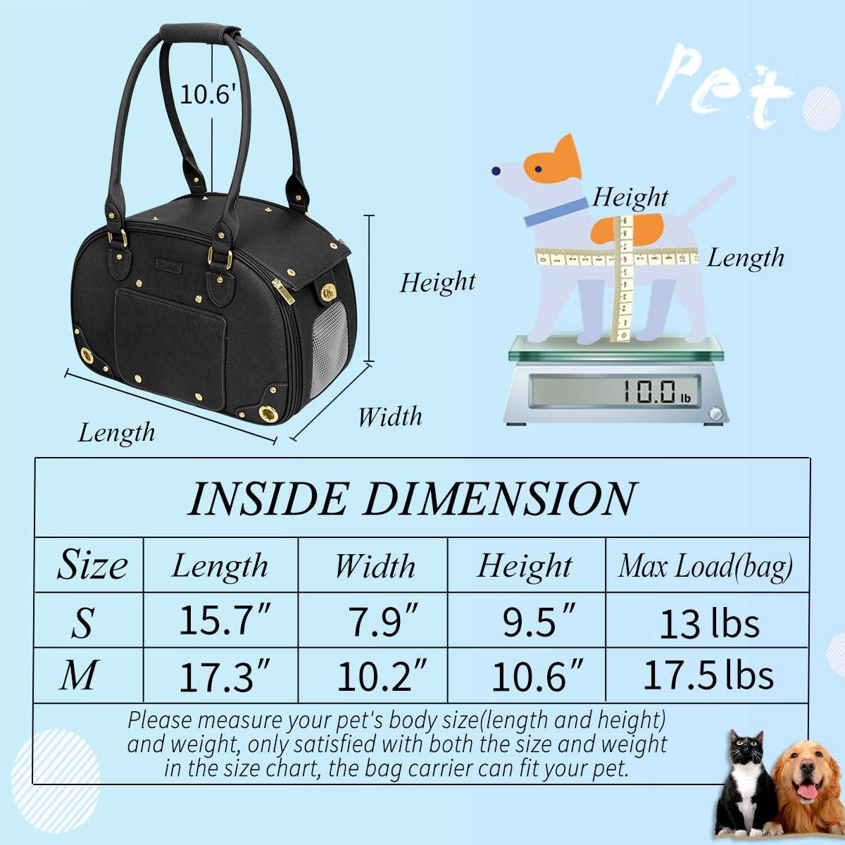 Dog Carrier Purse, Pet Carrier, Foldable Waterproof Premium PU Leather Pet Travel Portable Bag Carrier for Cat and Small Dog Home & Outdoor Small Black