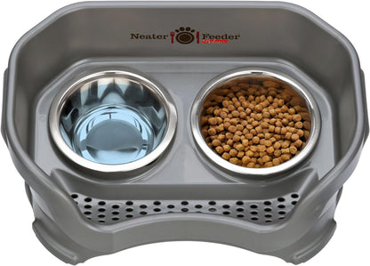 Neater Feeder Deluxe Mess Proof Dog Bowls Elevated for Small Dogs under 19 Lbs, Made in USA, No Spill Raised Dog Food Bowl Stand Feeding Station, Food and Water Bowl Set, Grey