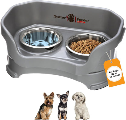 Neater Feeder Deluxe Mess Proof Dog Bowls Elevated for Small Dogs under 19 Lbs, Made in USA, No Spill Raised Dog Food Bowl Stand Feeding Station, Food and Water Bowl Set, Grey