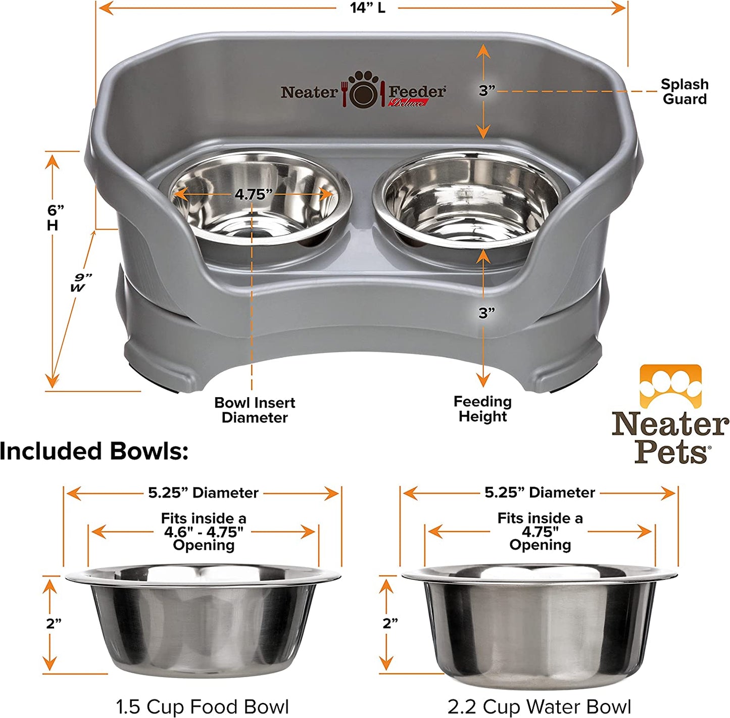 Neater Feeder Deluxe Mess Proof Dog Bowls Elevated for Small Dogs under 19 Lbs, Made in USA, No Spill Raised Dog Food Bowl Stand Feeding Station, Food and Water Bowl Set, Grey